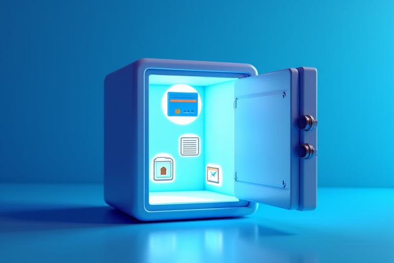 A visual representation of AegisKey's digital vault displaying various data types like credit card icons, document symbols, and note pads inside a secure, encrypted digital safe.